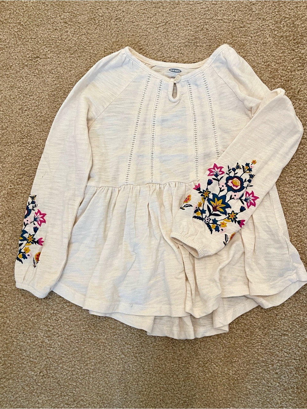 Girls Old Navy Cream Peplum Top with Floral Sleeve Embroidery